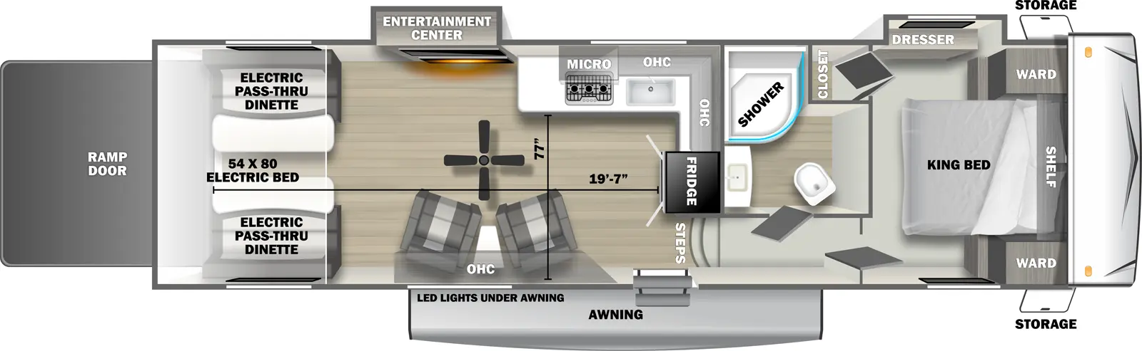 The 3300SLT fifth wheel has 2 slide outs on the off-door side, 1 entry door and 1 rear ramp door. Exterior features include an awning with LED lights and front opposing side storage access. Interior layout from front to back includes front bedroom with foot-facing King bed, shelf over the bed, front corner wardrobes, front facing closet and off-door side slideout holding a dresser; off-door side bathroom with radius shower, toilet and single sink vanity; 3 steps down into the kitchen area with off-door side L-shaped countertop, stovetop, L-Shaped overhead cabinets, sink and rear facing refrigerator; 2 door side recliners with end table; ceiling fan; off-door side slideout holding and entertainment center; and rear 54 x 80 electric bed over electric pass-through dinette. Cargo length from rear of unit to refrigerator is 19 ft. 7 in. Cargo width from countertop to door side wall is 77 inches.